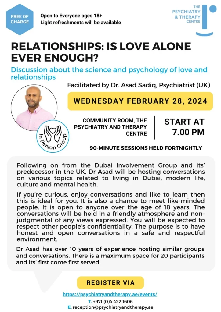 Flyer explaining the details of the event taking place on 28th Feb 2024 about the topic 'discussion about the science and psychology of love and relationships