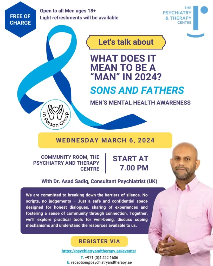 Flyer explaining the details of the event taking place on 06th Mar 2024 about the topic 'Sons and fathers', under a heading of Men's mental health awareness'