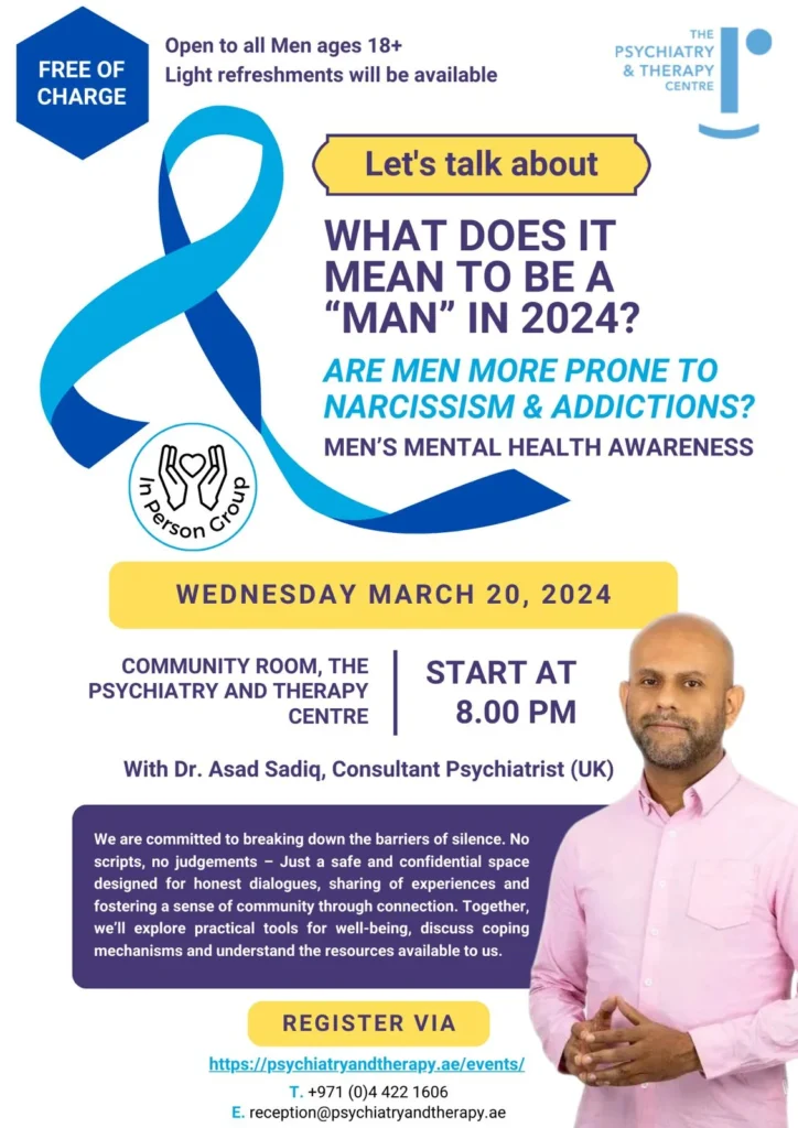 Flyer explaining the details of the event taking place on 20th Mar 2024 about the topic 'Are men more prone to narcissism & addictions', under a heading of Men's mental health awareness'
