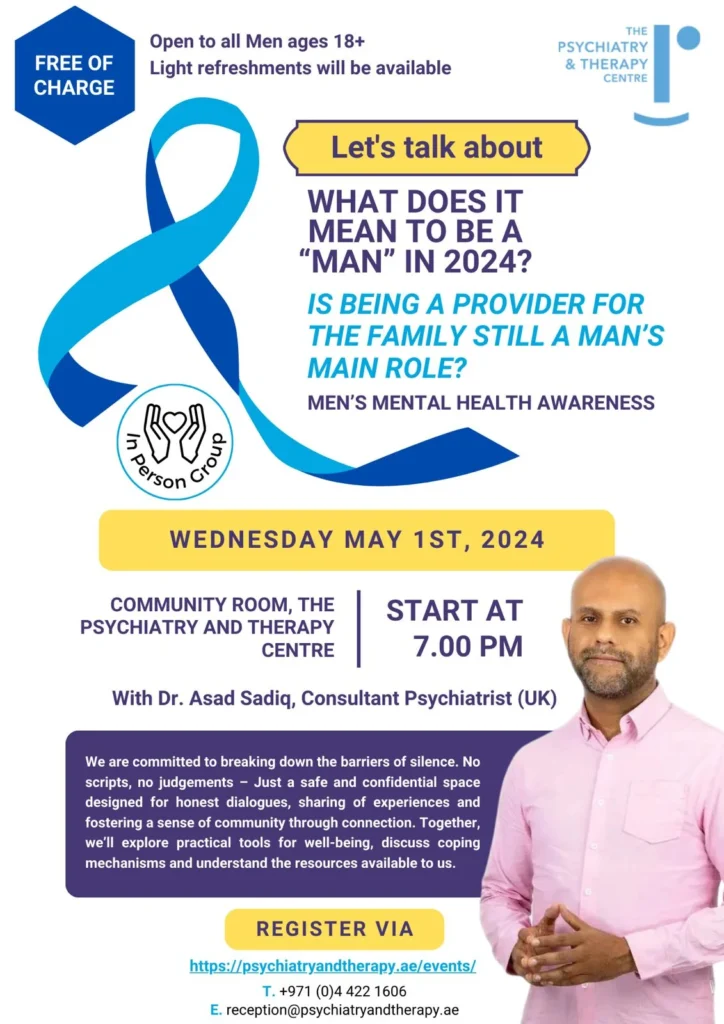 Flyer explaining the details of the event taking place on 20th Mar 2024 about the topic 'Is being a provider for the family still a man's main role?', under a heading of Men's mental health awareness'