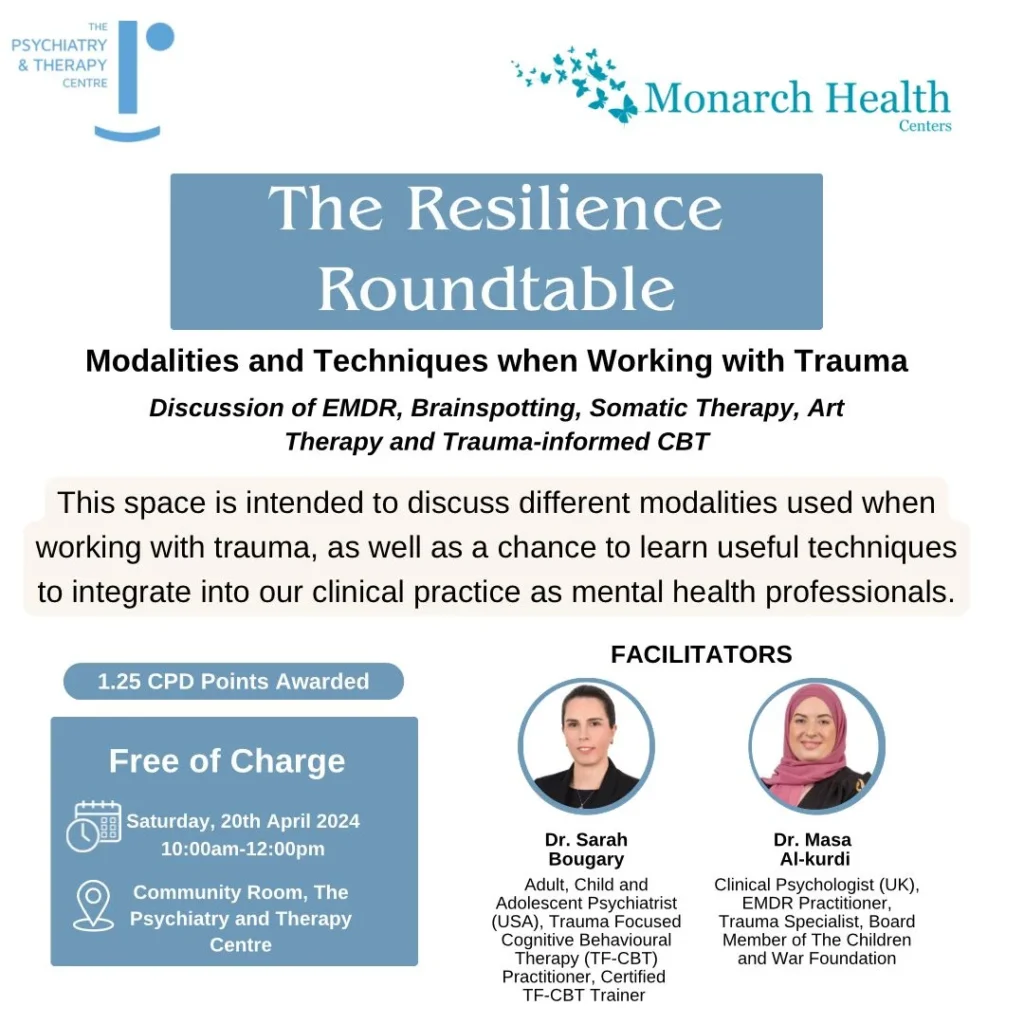 Event workshop called The Resilience Roundtable taking place on 20th April 2024. The topic under discussion is 'Modalities & Techniques when working with trauma'