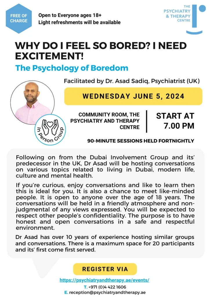 Flyer explaining the details of the event taking place on 22nd May 2024 where there will be a discussion about 'Why Do I Feel So Bored'
