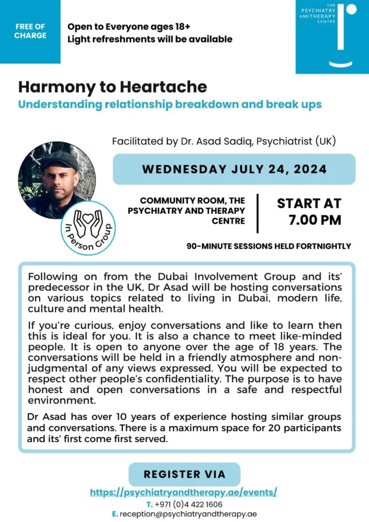 Flyer explaining the details of the event taking place on 24th July 2024 where there will be a discussion about 'Psychology of harmony to heartache'