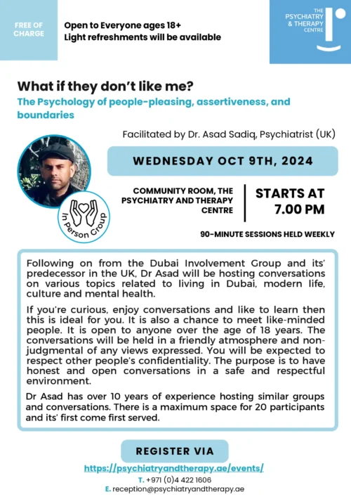 Flyer explaining the details of the event taking place on 2nd Oct 2024. Topic of discussion surrounds mental health