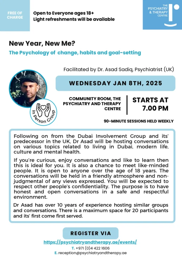 A flyer explaining the details of the event taking place on 8th Jan 2025. Topic of discussion surrounds mental health